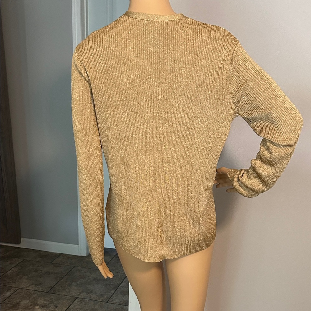 Lauren Ralph Lauren Vintage  Gold Metallic V-Neck Button-Up Women's Sweater - Picture 4 of 8